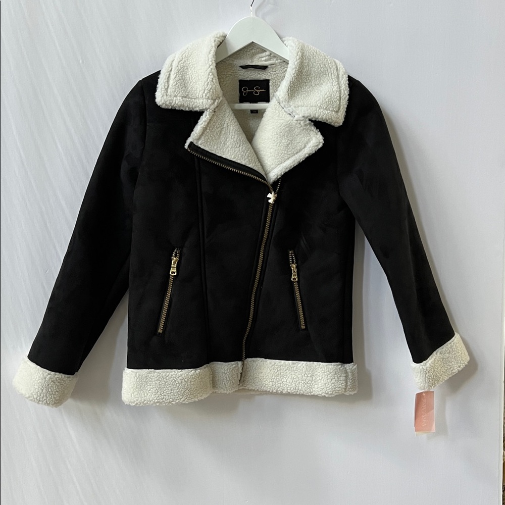 Jessica Simpson Girls’ Vegan Suede Sherpa Moto Jacket Black Cream M/10-12 NEW